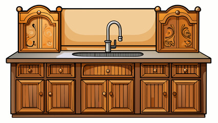 Sticker - A cozy kitchen with wooden cabinets and a farmhousestyle sink. The cabinet doors have intricate carved detailing and there are rustic metal handles on. Cartoon Vector.