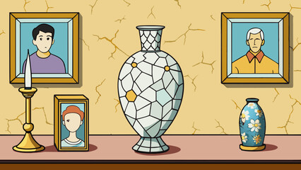 Poster - A cracked ceramic vase with intricate floral patterns displayed on a mantel next to tarnished candlesticks and yellowed family photographs.. Cartoon Vector.