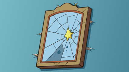 Poster - A cracked mirror hanging on the wall reflecting a distorted image due to its damaged surface.. Cartoon Vector.