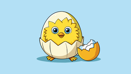 Poster - A cracked egg hatching into a fluffy chick demonstrating the beginning of new life and evolution.. Cartoon Vector.