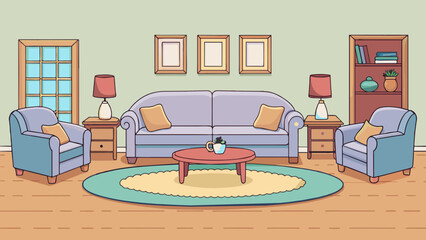 Poster - A cozy living room arrangement with a large comfortable sofa in the center flanked by two armchairs and a coffee table. The furniture is all arranged. Cartoon Vector.