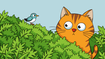 Poster - A curious cat peers through the bushes its unblinking stare fixed on a nearby bird perched on a branch.. Cartoon Vector.