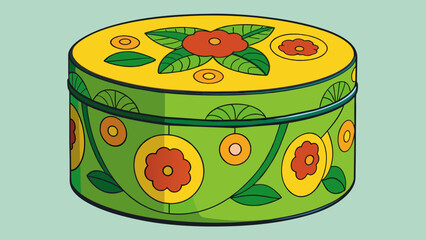 Poster - A cylindrical tin box with a rounded lid painted in vibrant shades of green and yellow. It has a raised pattern of flowers and leaves on the surface. Cartoon Vector.