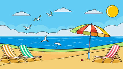 Fototapete - A day at the beach The sand is soft and warm beneath your feet as you walk towards crystalclear water. A line of colorful umbrellas and beach chairs. Cartoon Vector.