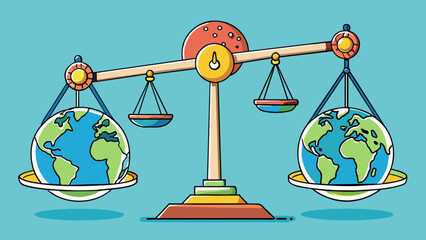 Poster - A delicate balance scale with weights labeled economic policies social issues foreign relations and environmental concerns attempting to find. Cartoon Vector.