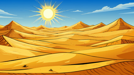 Poster - A desolate desert with nothing but endless dunes and shifting sands the scorching sun beating down on you relentlessly. The vast emptiness and lack of. Cartoon Vector.