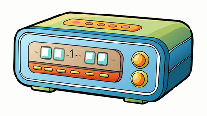 Fototapete - A digital alarm clock This instance is a digital device with a rectangular shape and a backlit display. It has buttons and switches for setting the. Cartoon Vector.