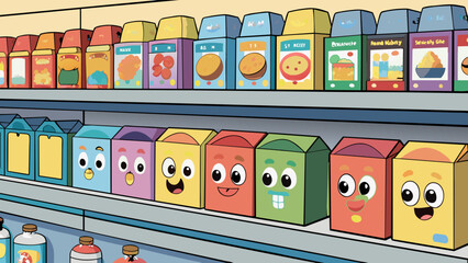 Poster - A display shelf in a grocery store filled with different brands and types of cereal boxes. The boxes have eyecatching designs and bright colors with. Cartoon Vector.