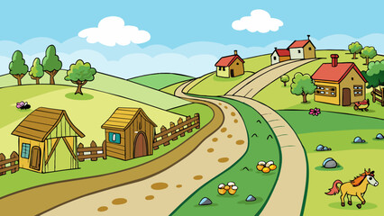 Sticker - A dirt road winds through the rolling hills leading to a small village tucked away in the countryside. The houses made of timber and stone are adorned. Cartoon Vector.