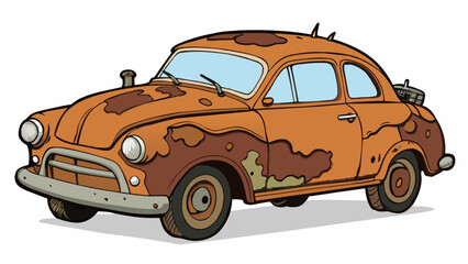 Poster - A dilapidated old car whose rusty exterior was covered in layers of peeling paint and whose engine sputtered and groaned with each use.. Cartoon Vector.