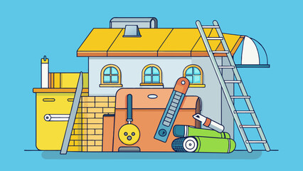 Aufkleber - A DIY home renovation plan This plan consists of a large toolbox filled with various tools a step ladder a measuring tape and a stack of blueprints. Cartoon Vector.