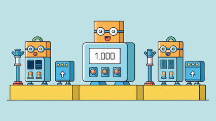 Fototapete - A factory produced 1000 widgets in a day with three machines producing 400 300 and 300 widgets respectively. The mean production rate of the factory. Cartoon Vector.