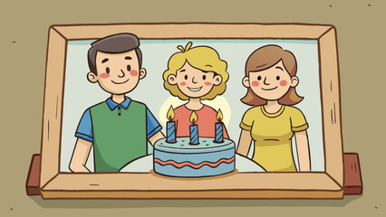 Aufkleber - A faded photograph in a dusty frame showing a family gathered around a birthday cake the youngest child blowing out the candles with a big smile on. Cartoon Vector.