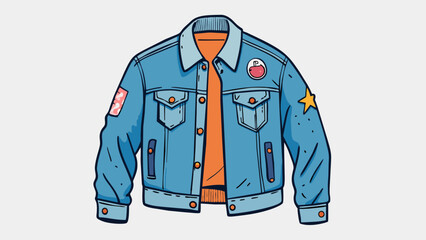 Poster - A faded denim jacket adorned with patches and pins collected over the years serving as a visual reminder of personal style and individuality.. Cartoon Vector.