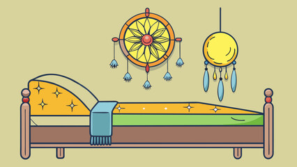 Poster - A faded weathered dream catcher hanging above a bed representing the belief in the power of positive energies and protection from negative ones.. Cartoon Vector.