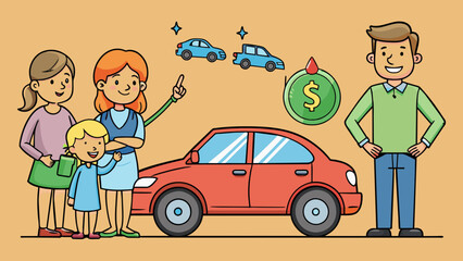 Aufkleber - A family decides to purchase a new car taking into account the features price and fuel efficiency. Their purchasing decision is influenced by their. Cartoon Vector.