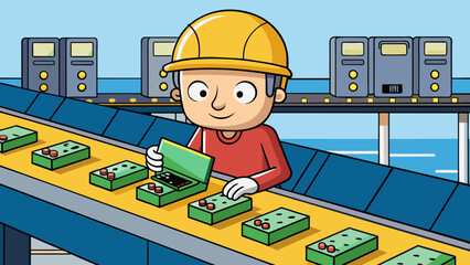 Poster - A factory worker diligently assembles electronic components on an assembly line. The efficiency of the worker as well as the costs of production and. Cartoon Vector.