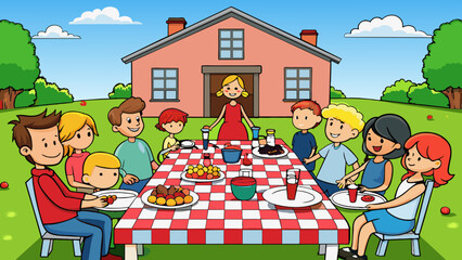Fototapete - A family reunion in a backyard with a long table set up for a potluck dinner. The table is adorned with a red and white checkered tablecloth and the. Cartoon Vector.