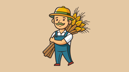 Poster - A farmer carrying a bundle of wheat on their shoulder using their hands to hold it in place. The wheat is tied together with twine and has a rustic. Cartoon Vector.
