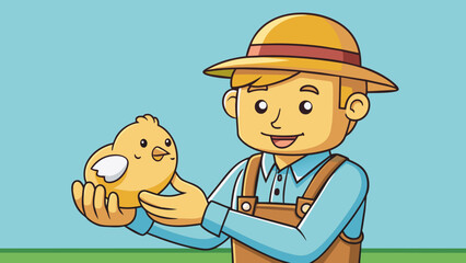 Sticker - A farmer carefully holding onto a newly hatched chick in their palm. The chick is small fluffy and fragile and the farmers hand provides a warm and. Cartoon Vector.