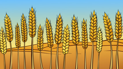Poster - A field of tall golden wheat ready for harvest rustling softly in the wind. Each stalk stands tall and proud bending slightly with the weight of its. Cartoon Vector.