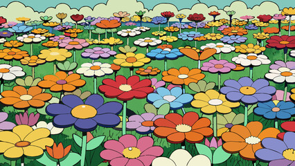 Poster - A field of wildflowers each one a different size shape and hue creating a breathtaking patchwork of colors and textures.. Cartoon Vector.