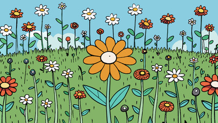 Fototapete - A field of wildflowers with each flower representing a different potential outcome showcases the myriad of possibilities that exist in nature.. Cartoon Vector.