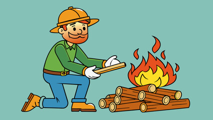 Poster - A fire being tended to by a careful hand adjusting logs and adding just the right amount of kindling to keep it crackling and warm.. Cartoon Vector.