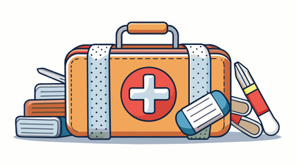 Poster - A first aid kit equipped with bandages ointment and tweezers essential for treating minor injuries and accidents at home or during outdoor activities.. Cartoon Vector.