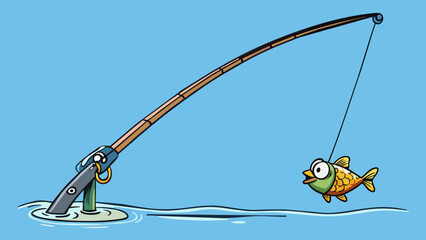Aufkleber - A fishing pole with a line reaching deep into the water trying to catch a fish. The poles flexible and long reach allows the fisherman to cast their. Cartoon Vector.