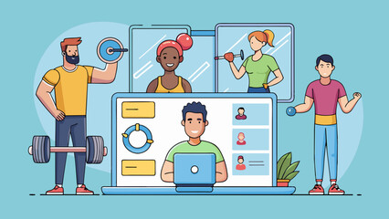 Poster - A fitness company that provides personalized workout plans and virtual coaching services for its members. Characteristics include customized exercise. Cartoon Vector.