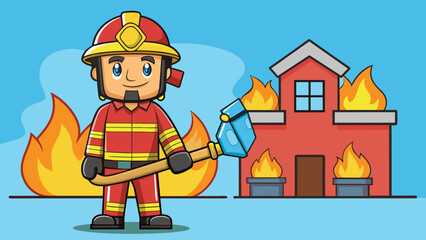 Poster - A firefighters role is to extinguish fires and protect people and property. They possess bravery physical strength and knowledge of fire safety. Cartoon Vector.