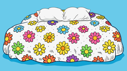 Fototapete - A fluffy white duvet cover adorned with colorful floral patterns is spread over a kingsized bed. The beds mattress sinks under your weight as you sink. Cartoon Vector.