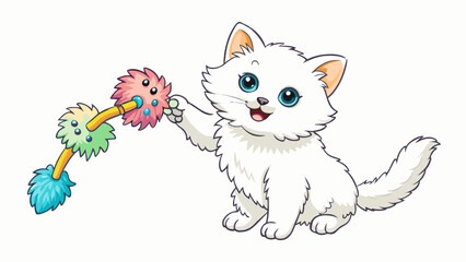 Poster - A fluffy white kitten eagerly accepts a new toy from its owner batting at the colorful feathers and bells with its tiny paws. The toy is covered in. Cartoon Vector.