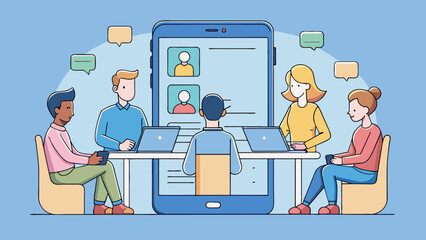Poster - A focus group study is conducted to gather opinions on a new mobile phone design. A small group of individuals are brought together to discuss and. Cartoon Vector.