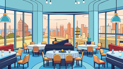 Aufkleber - A fully equipped fitness center with stateoftheart equipment and panoramic views of the mountains. The sleek and modern gym is perfect for guests. Cartoon Vector.