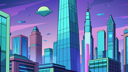 Canvas Print - A futuristic cityscape is dominated by tall sleek buildings made of translucent glass. Neon lights flicker on and off illuminating the flying cars. Cartoon Vector.