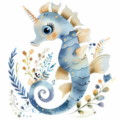 Wall Mural - there is a sea horse with a horn and a flower arrangement