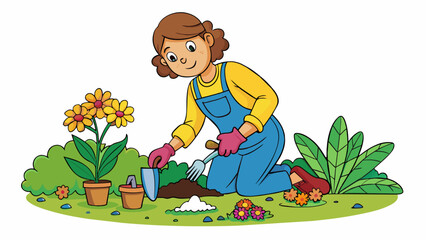 Fototapete - A gardener crouched over a flowerbed carefully planting seeds with a small trowel. Her gentle touch and smile of concentration display her intent to. Cartoon Vector.