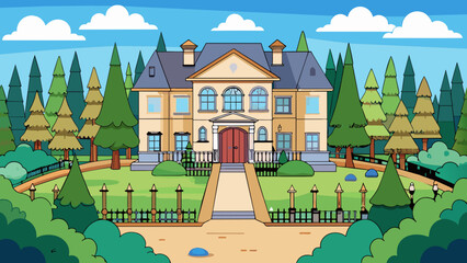 Poster - A gated mansion nestled within a quiet forest complete with its own private lake and sprawling gardens. The large property is surrounded by tall trees. Cartoon Vector.