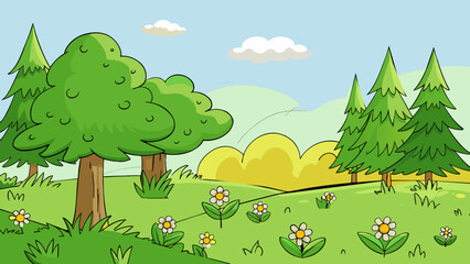 Aufkleber - A gentle breeze rustles through the trees carrying with it the scent of pine and fresh morning dew. The ground is covered in a blanket of soft green. Cartoon Vector.