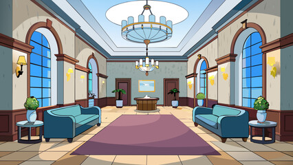 Wall Mural - A grand lobby with marble floors high ceilings and elegant chandeliers. The reception desk is made of dark wood and adorned with fresh flowers. A. Cartoon Vector.