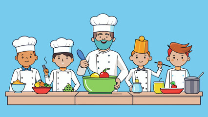 Poster - A group of chefs in a cooking competition each given the same ingredients and tasked with creating the most delicious and visually appealing dish.. Cartoon Vector.
