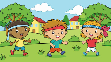 Wall Mural - A group of children chase each other around a grassy backyard laughing and screaming as they play a game of tag. They have bright colorful bandanas. Cartoon Vector.