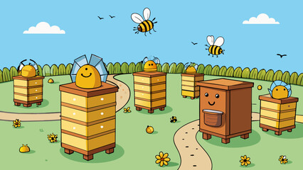 Poster - A group of beehives in a field with bees flying back and forth between the hives to collect nectar and pollen. Characteristics communication. Cartoon Vector.