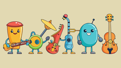 Poster - A grouping of five musical instruments each one producing a different sound and getting progressively larger in size.. Cartoon Vector.