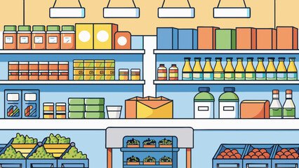 Poster - A grocery store with fully stocked shelves organized displays and wellmanaged inventory levels reflects a successful management of supplies and stock.. Cartoon Vector.