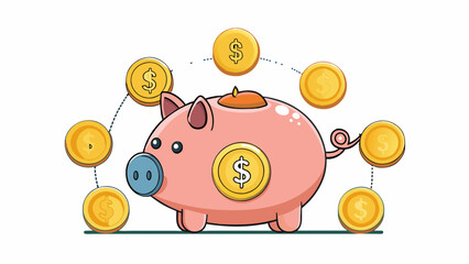 Poster - A group of coins in a piggy bank each coin representing a contribution or investment made by a person towards a shared goal or fund. Though they are. Cartoon Vector.