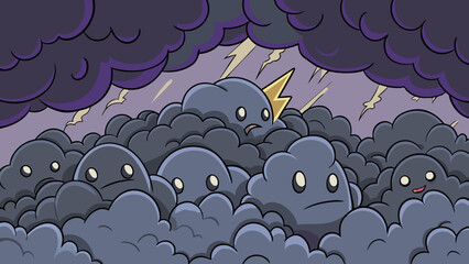 Sticker - A group of dark clouds looming in the distance a sign that a storm will soon roll in. The clouds are thick and gray with a tinge of purple and. Cartoon Vector.