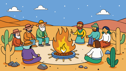 Poster - A group of friends gathering around a fire in the middle of the desert sharing stories and passing down oral histories that have been passed down. Cartoon Vector.